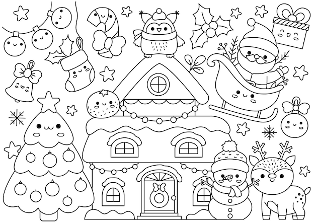 Premium vector vector christmas horizontal line coloring page for kids with cute kawaii characters black and white winter holiday illustration with house snowman santa claus funny searching poster