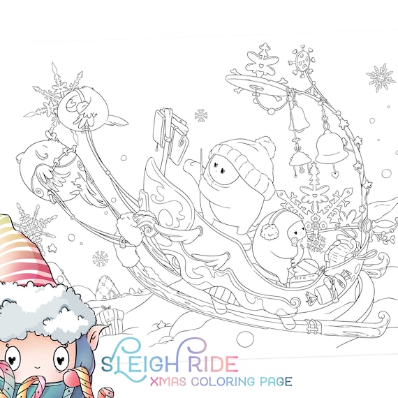 Christmas coloring page sleigh ride cute winter adult coloring page kawaii santa birds doodle digital download pdf printable by jen katz download now