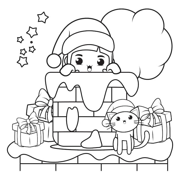 Premium vector christmas coloring book with cute girl