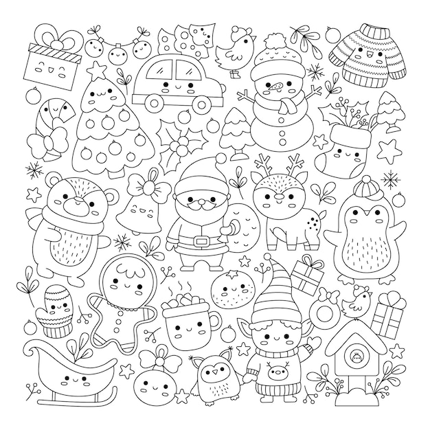 Premium vector vector christmas square line coloring page for kids with cute kawaii characters black and white winter or new year holiday illustration with funny santa claus deer elf bear tree
