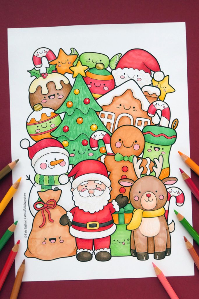 Kawaii christmas colouring page