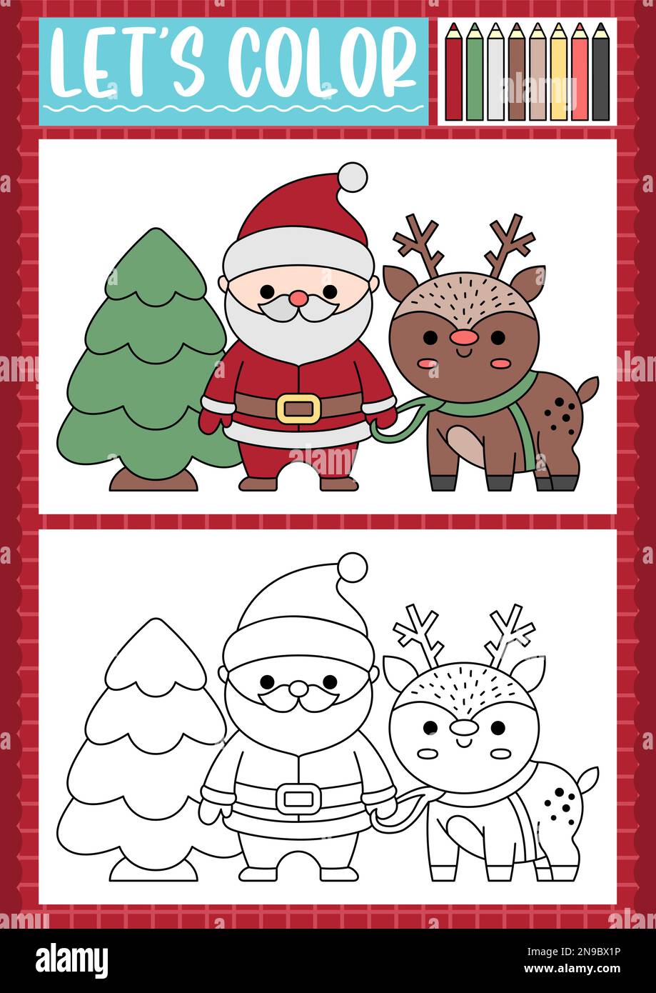 Christmas coloring page for children with cute kawaii tree santa claus deer vector winter holiday outline illustration color book for kids with ex stock vector image art