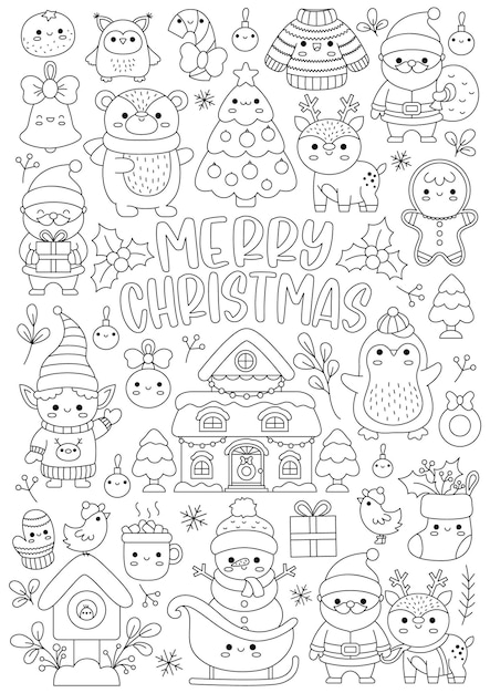 Premium vector vector christmas vertical line coloring page for kids with cute kawaii characters black and white winter holiday illustration with santa claus deer elf bear tree funny new year searching