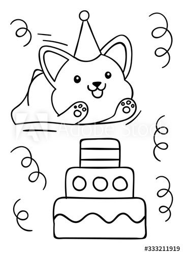 Coloring pages black and white happy birthday cute kawaii hand drawn corgi dog and cake doodles ðñððññ ññðñ ððñððñð ððµðºñðñðñâ ð ðñðºñðñðºð ðððññññðñðð ððñðµðºññ