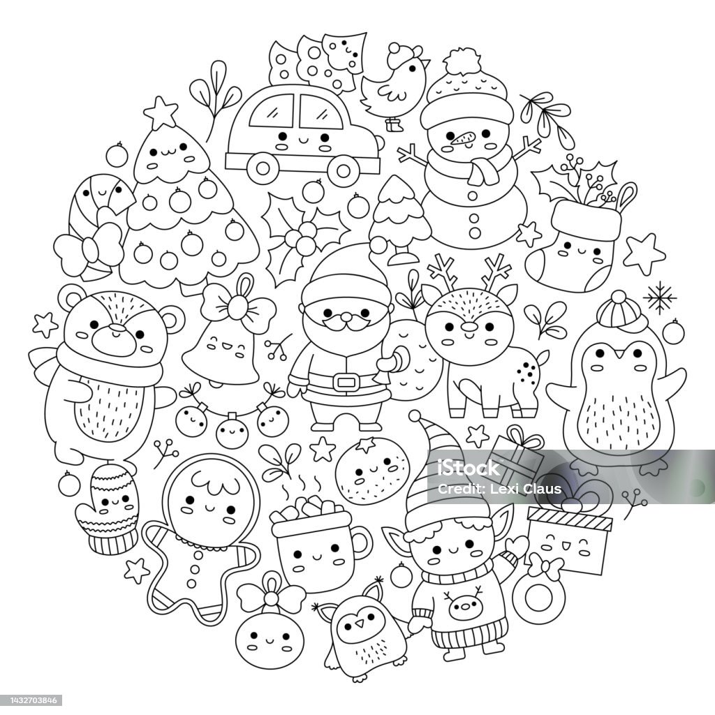 Vector christmas round line coloring page for kids with cute kawaii characters black and white winter or new year holiday illustration with funny santa claus deer elf bear tree framed in circle