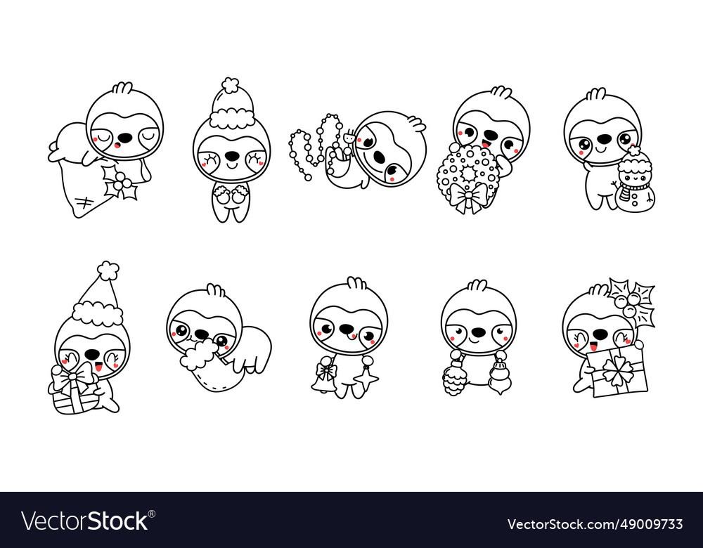 Set of kawaii christmas sloth coloring page vector image