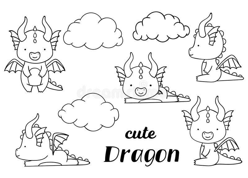 Coloring pages black and white set cute kawaii hand drawn dragon doodles stock vector