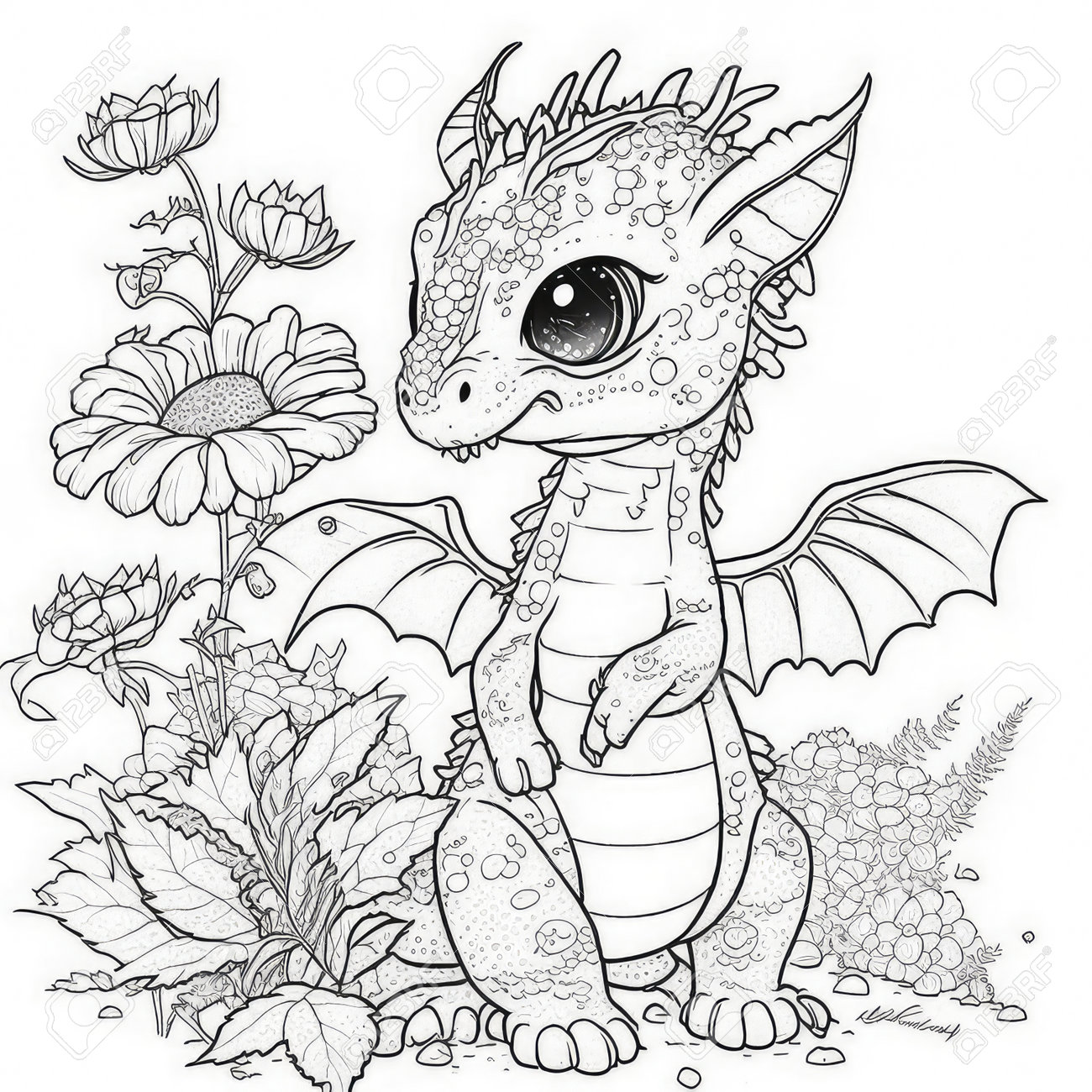 Cute dragon with flowers coloring book page for adults stock photo picture and royalty free image image