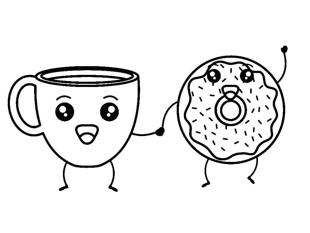 Kawaii coffee and donut coloring page