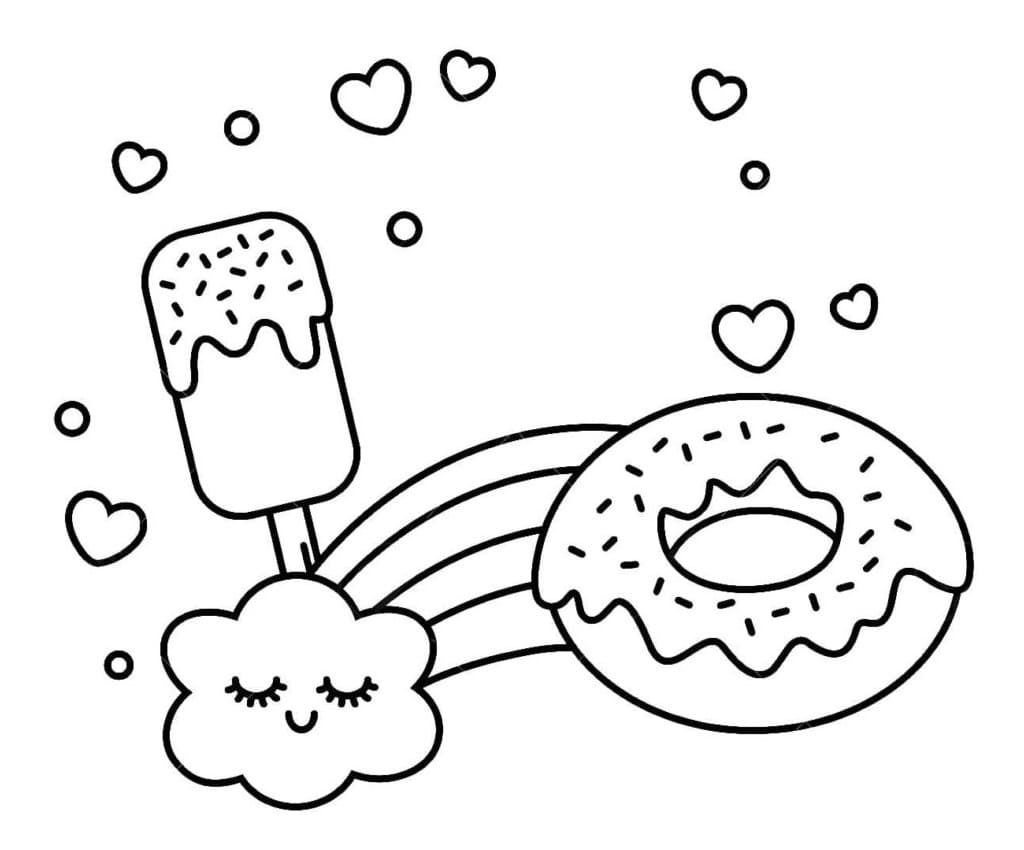 Kawaii ice cream and donut coloring page