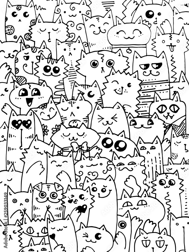 Kawaii doodle cats pattern cute animal background great for coloring book wrapping printing fabric and textile vector