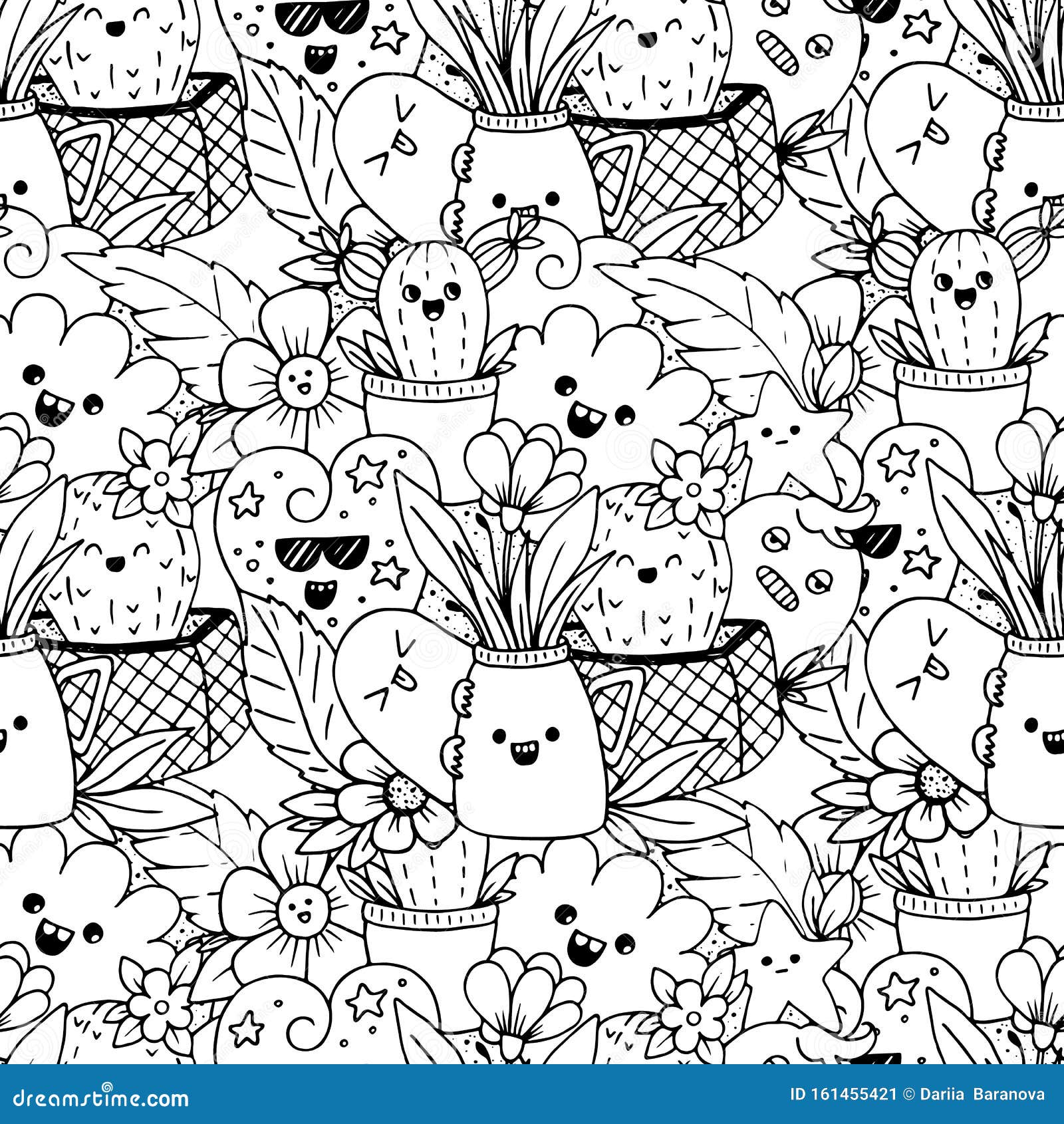 Vector seamless pattern with kawaii doodle characters stock vector
