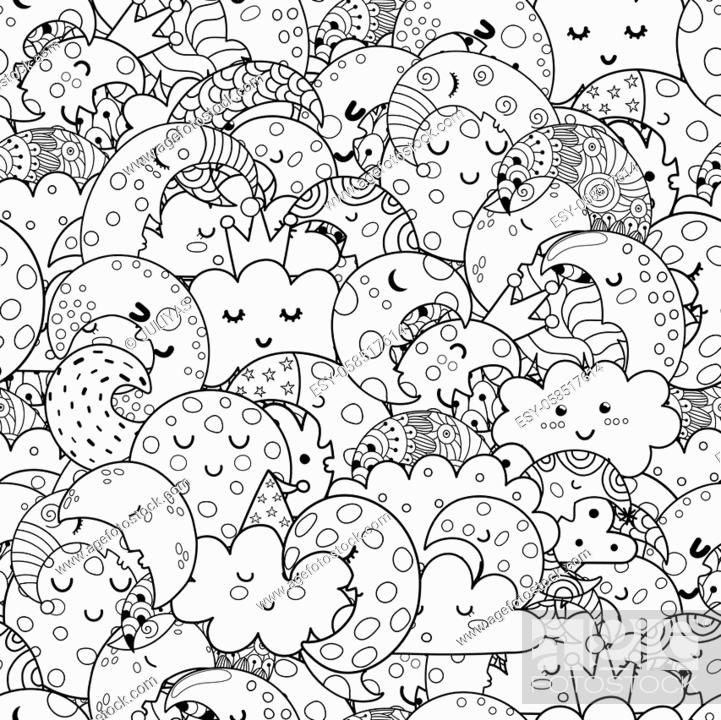 Cute moon and clouds black and white seamless pattern doodle coloring page with cosmic characters stock vector vector and low budget royalty free image pic esy