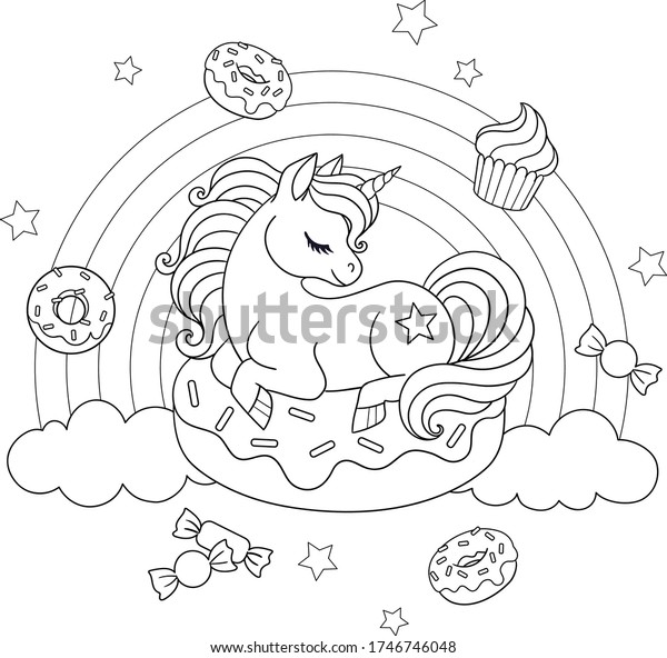 Cute unicorn laying on donut rainbow stock vector royalty free