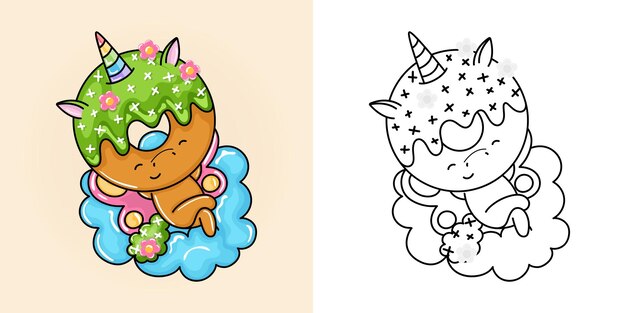 Premium vector cute unicorn donut clipart illustration and black and white funny clip art kawaii animal