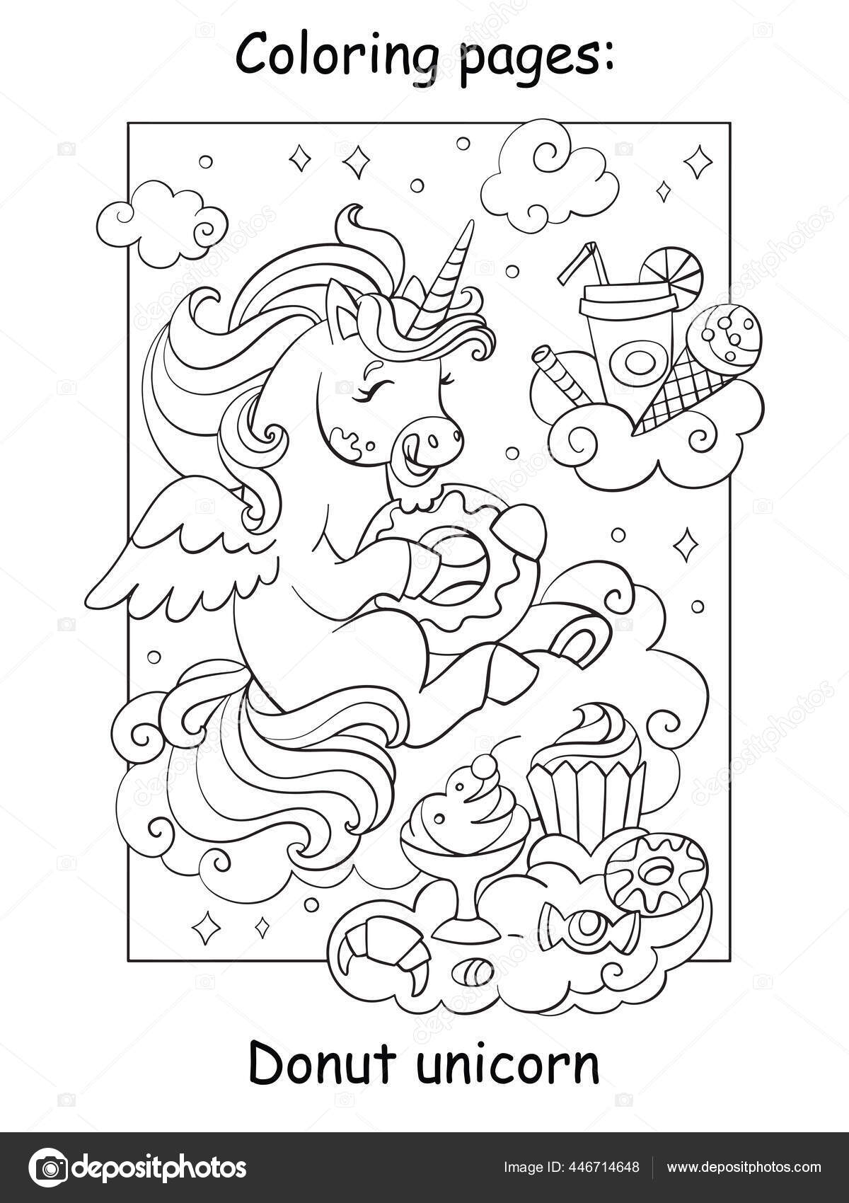 Cute unicorn eats donuts other sweets coloring book page children stock vector by alinart