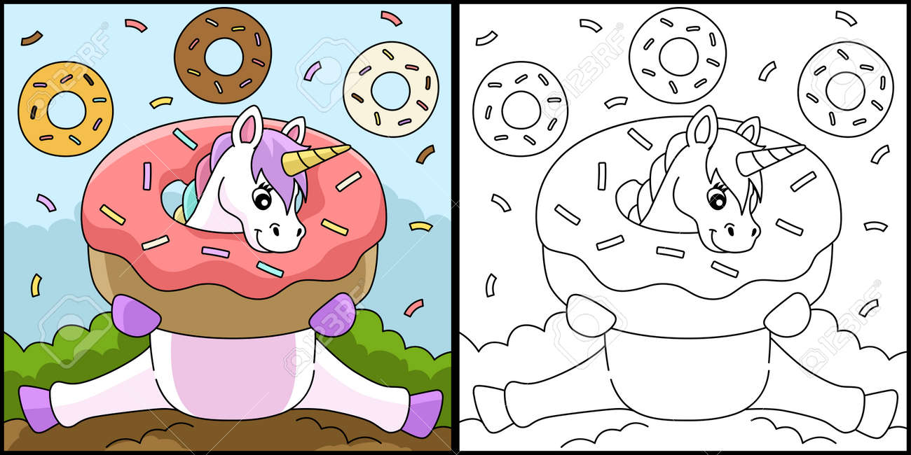 Sitting unicorn stuck in a donut coloring page royalty free svg cliparts vectors and stock illustration image