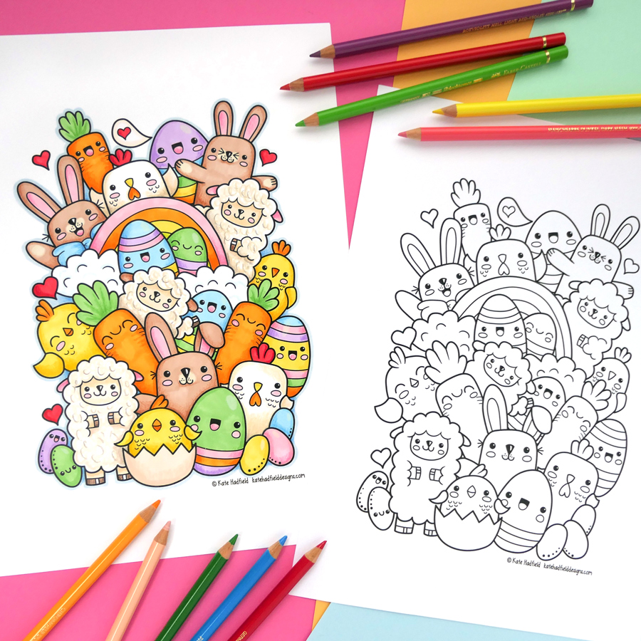 Kawaii easter colouring page