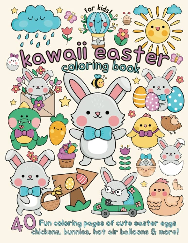 Kawaii easter coloring book for kids fun coloring pages of cute easter eggs chickens bunnies hot air balloons and more the little kawaii shop books