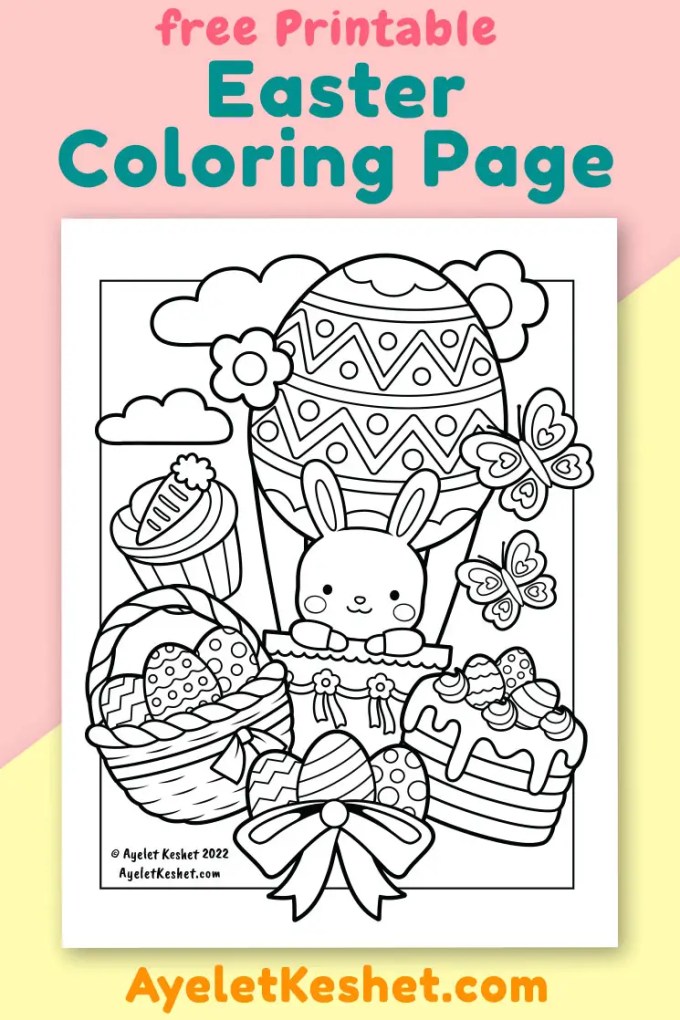 Kawaii easter coloring page with a flying bunny
