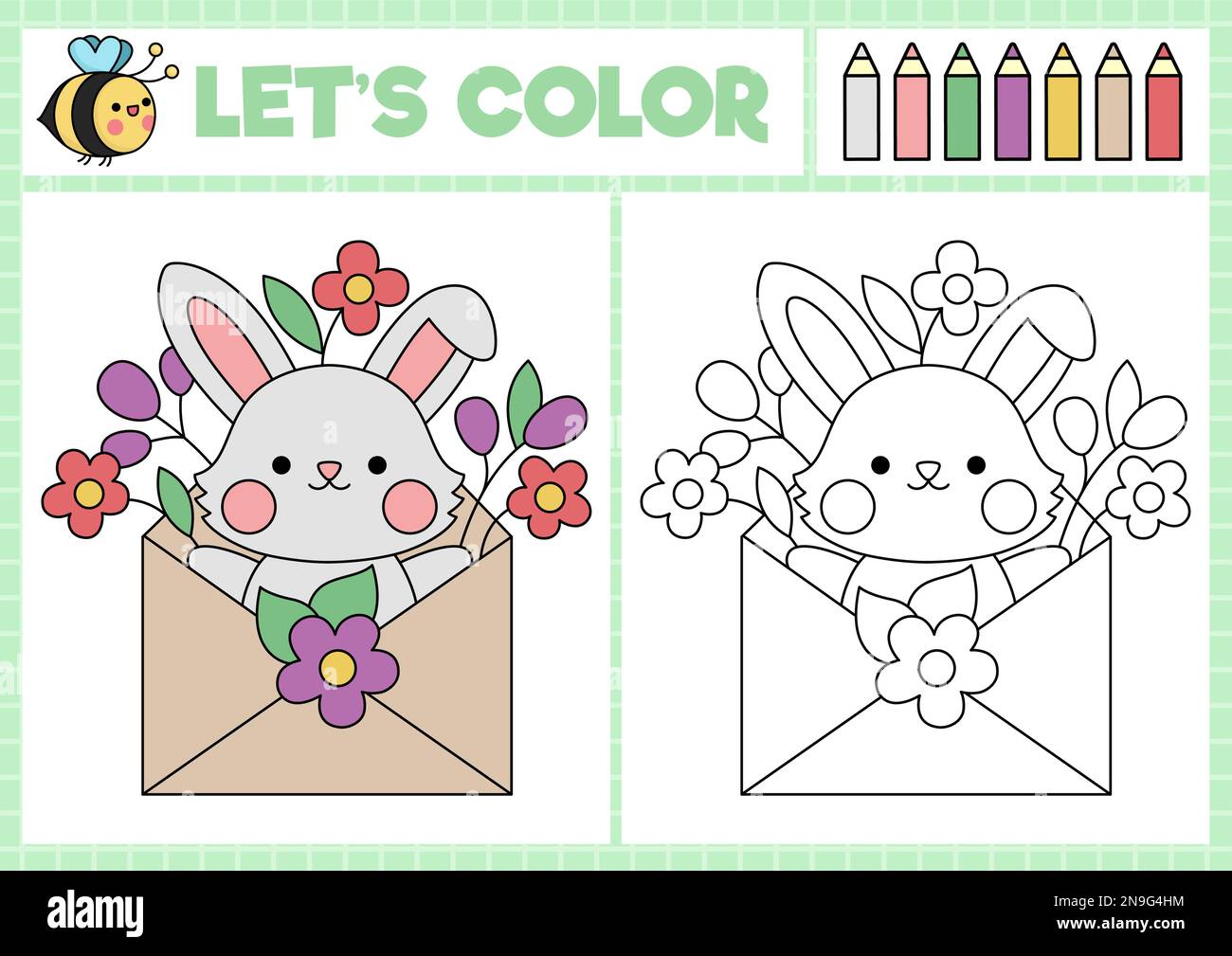 Easter coloring page for children with cute kawaii bunny in envelope with flowers vector spring holiday outline illustration color book for kids wit stock vector image art