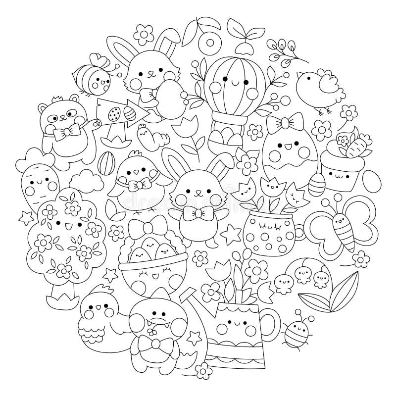 Vector easter round line coloring page for kids with cute kawaii characters black and white spring holiday illustration with stock vector