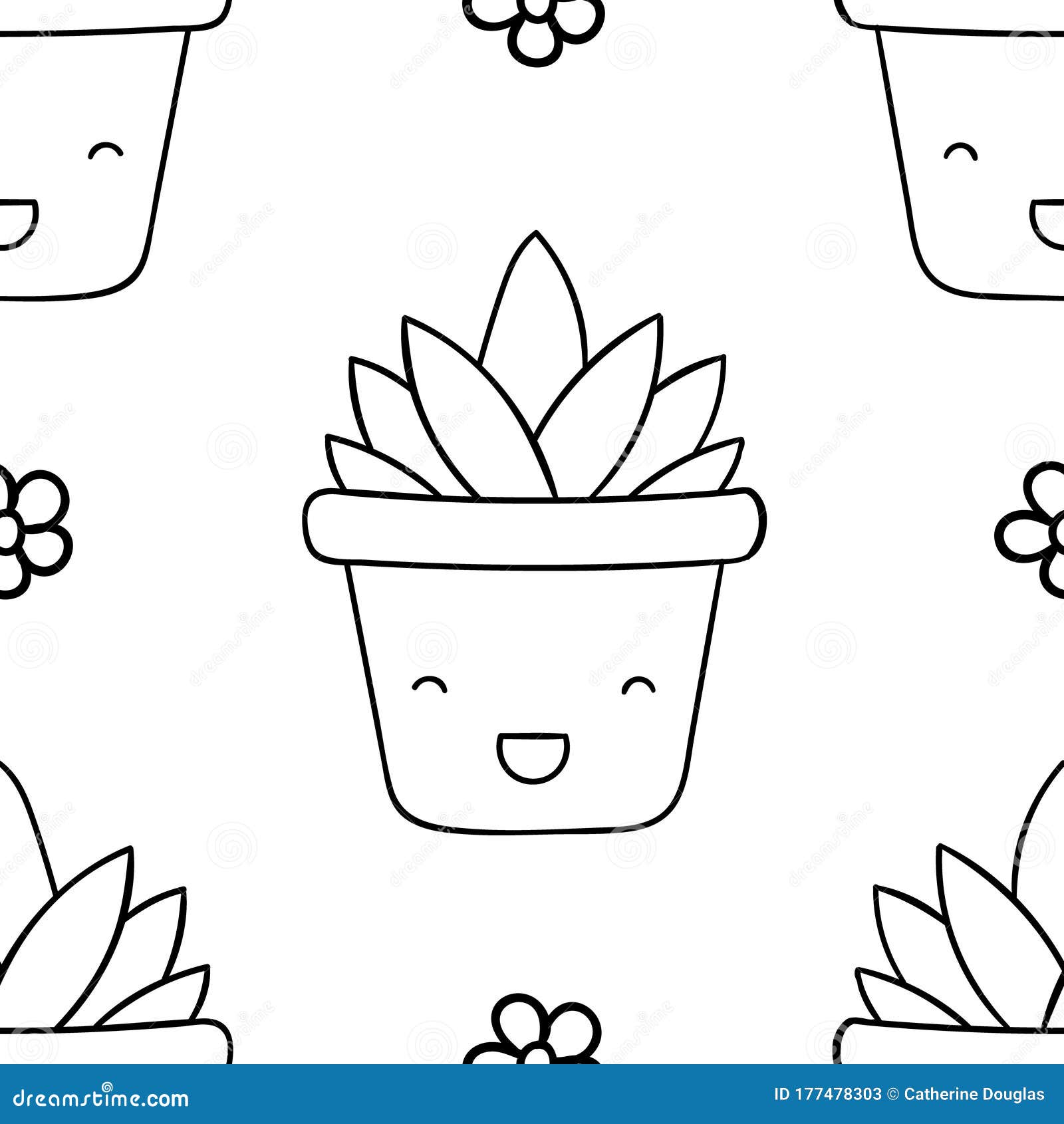 Simple seamless pattern black and white cute kawaii hand drawn aloe doodles coloring pages stock vector