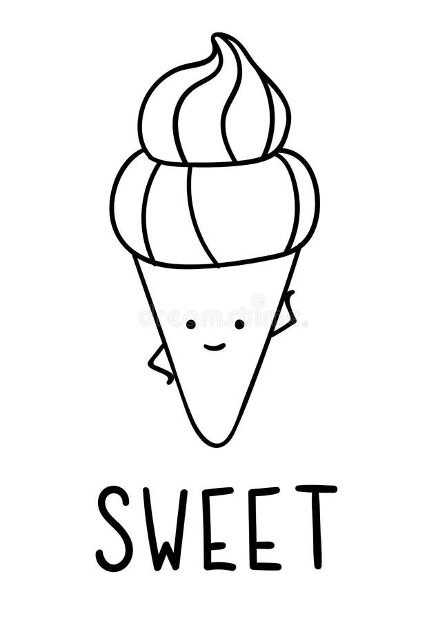 Coloring pages black and white cute kawaii hand drawn ice cream doodles lettering sweet stock vector