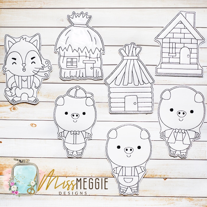 Flat coloring dolls story three little pigs ith digital embroidery designs