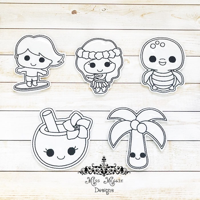 Coloring flat dolls x hoop hawaii vacation set ith digital embroidery designs miss meggie designs