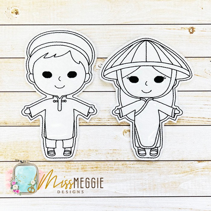 Flat coloring dolls people of the world vietnamese boy and girl set ith digital embroidery designs