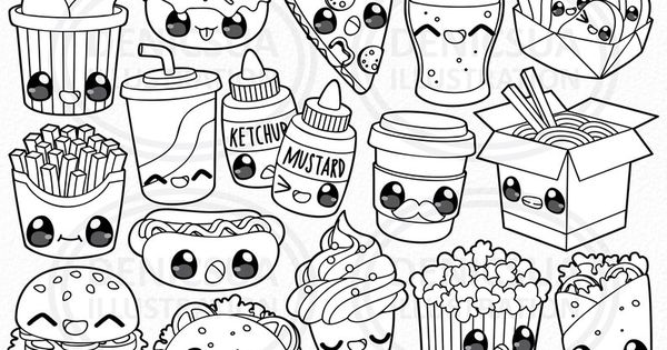 Fast food clipart kawaii food vector fast food party take away food food illus digital download png line clip art sticker printable