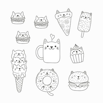 Set of kawaii doodles of foods with cat ears macarons pizza burger ice cream donut coffee isolated objects hand drawn vector illustration line drawing design concept coloring pages for kids vector