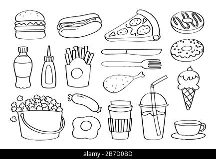 Cute doodle fast food or junk food cartoon icons and objects stock vector image art