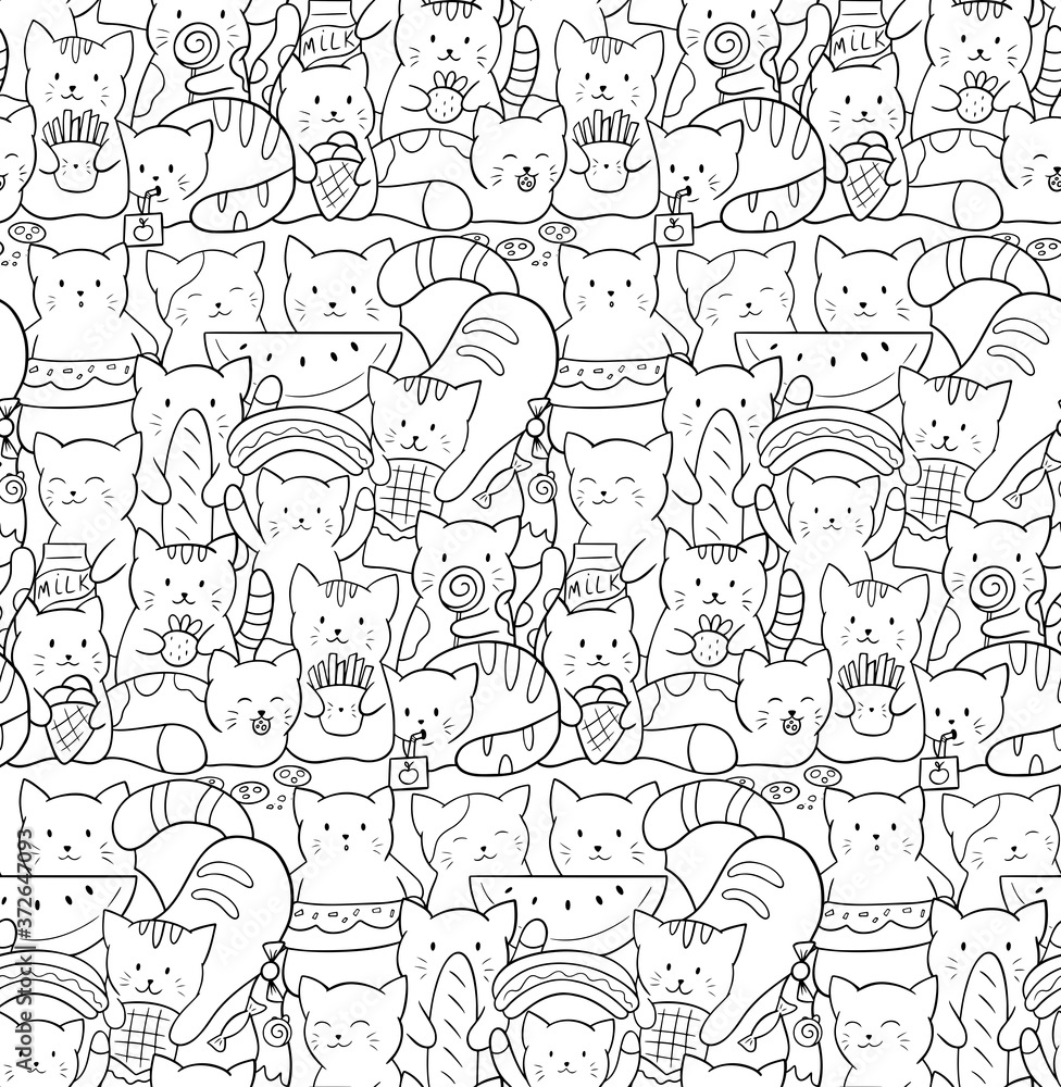 Vector seamless pattern with cute kawaii cats kittens with fast food and sweets doodle black and white illustration perfect for print on fabrics paper wallpaper and scrapbooking coloring page vector
