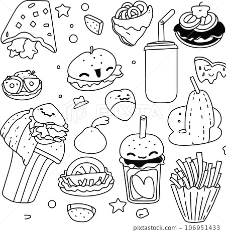 Cute fast food black and white coloring page
