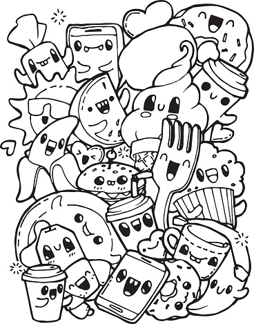 Dining doodles breakfast lunch dinner food coloring pages for kids for adult anti stress coloring book stock illustration