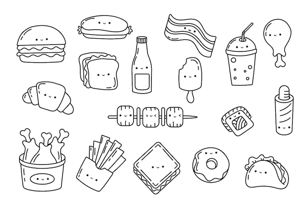Premium vector set kawaii sticker fast food coloring page collection cute kawaii fast food illustrations outline