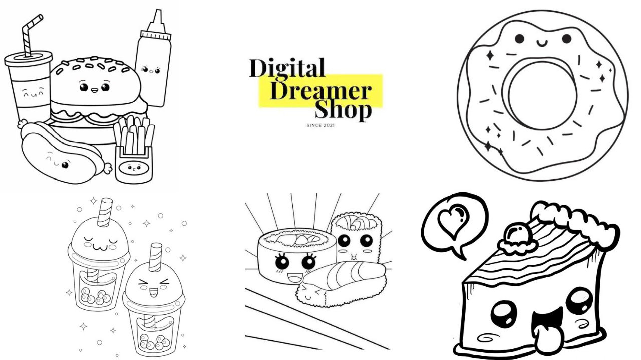 Kawaii cute food coloring pages digital pdf download