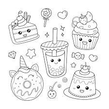 Premium vector set of cute sweet food dessert icons in kawaii style coloring page coloring pages cute coloring pages cute easy drawings