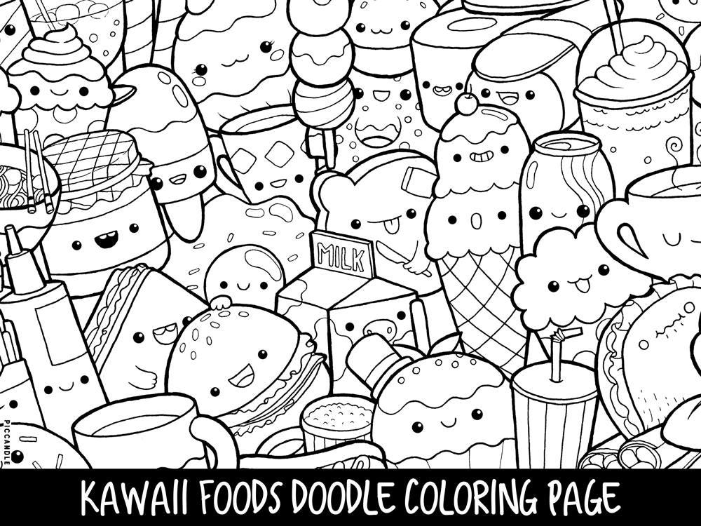 Foods doodle coloring page printable cutekawaii coloring page for kids and adults