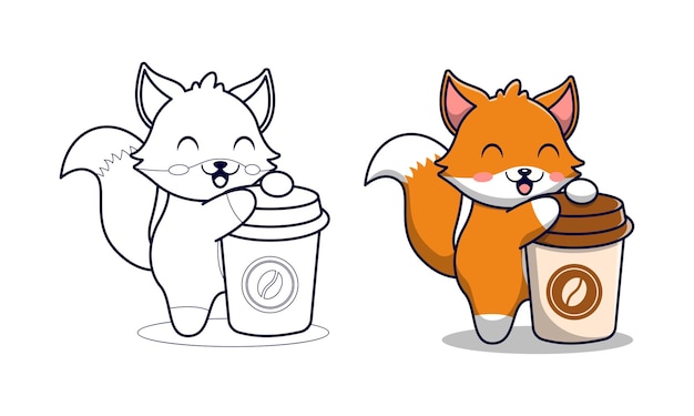 Premium vector cute fox with coffee cartoon coloring pages for kids
