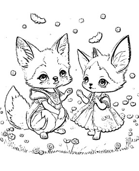 Fox baby coloring page cute girls friends illustration by teachoppo