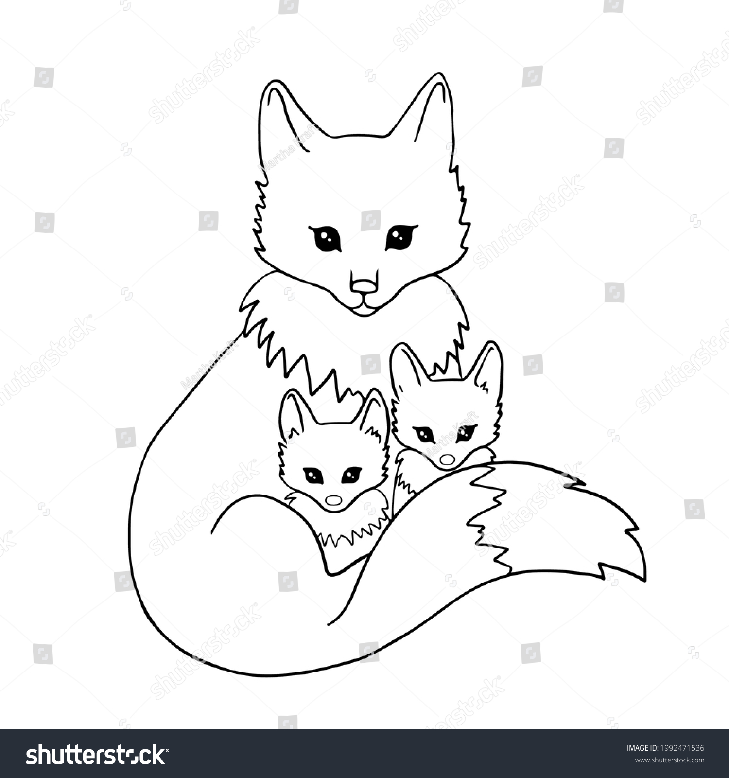 Cute fox two cubs coloring page stock vector royalty free
