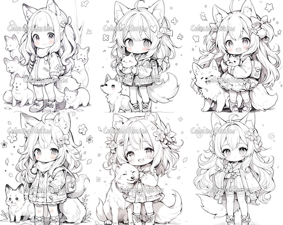 Fox girl fantasy kawaii coloring pages part printable adult coloring pages download grayscale illustration instant download