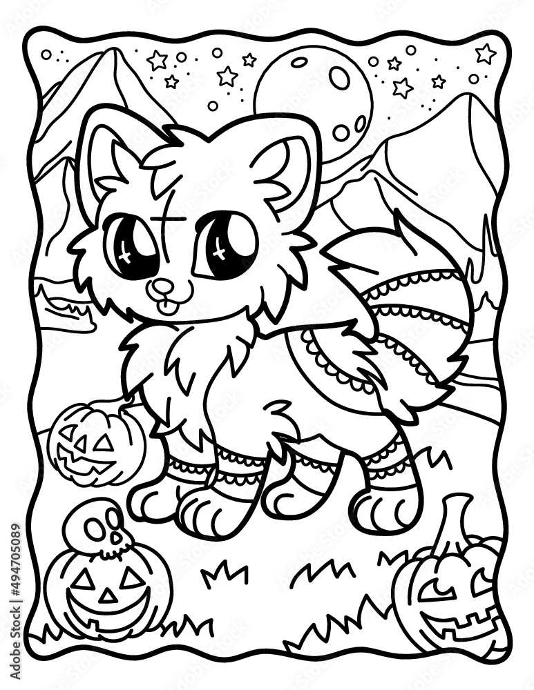 Cute kawaii fox magic animalscoloring for children chibi gothic coloring book for adults halloween magic vector