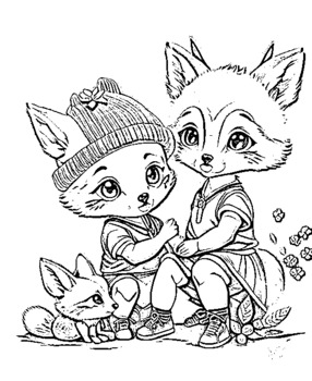 Fox baby coloring page cute girls friends illustration by teachoppo