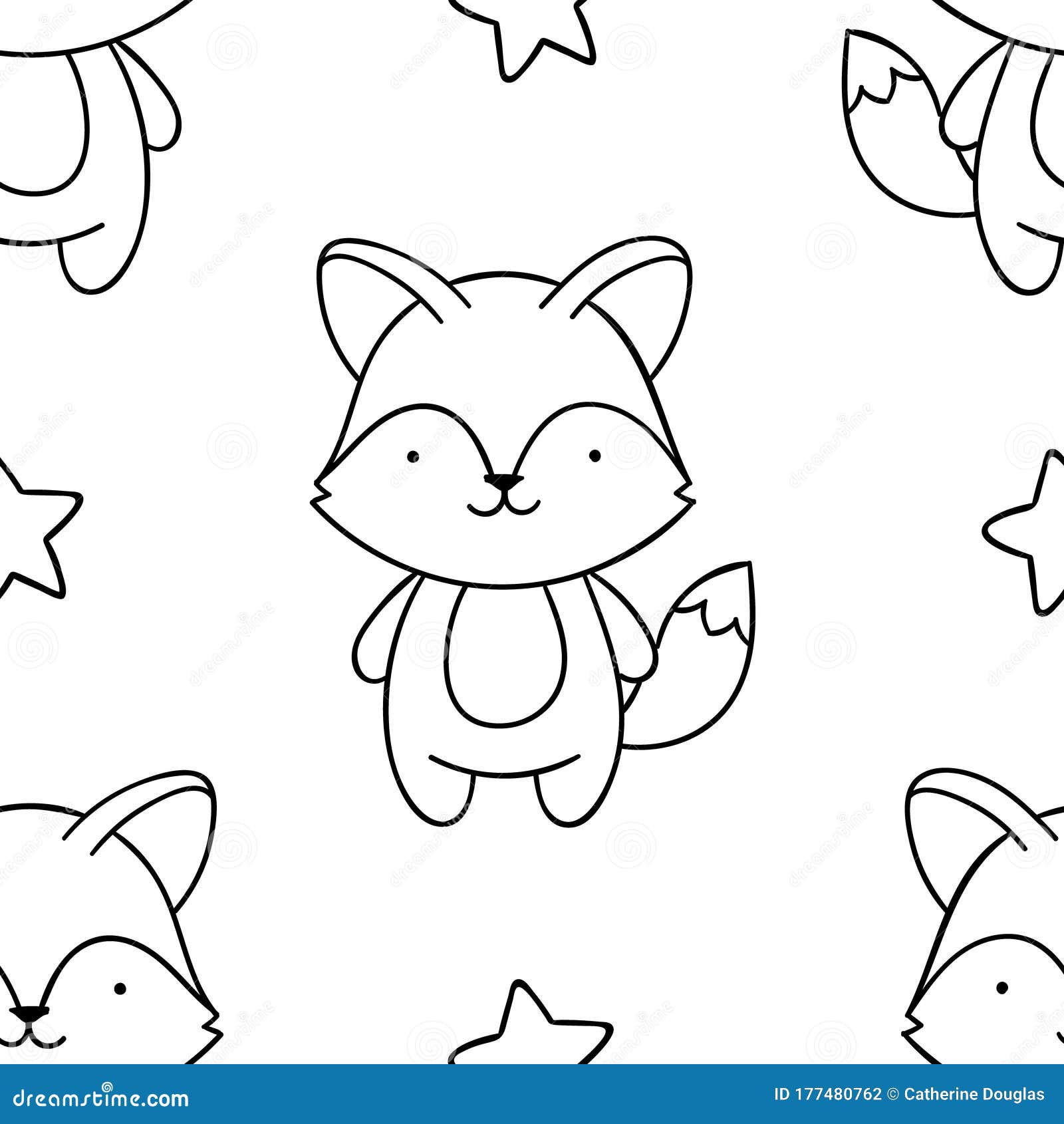 Simple seamless pattern black and white cute kawaii hand drawn fox doodles coloring pages stock vector