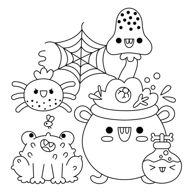 Vector black and white kawaii cauldron with frog potion mushroom spider cute halloween line scene all saints day illustration funny trick or treat party coloring page for kids stock illustration