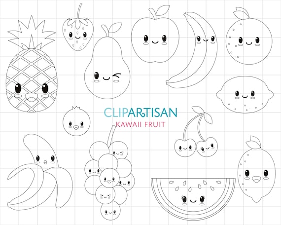 Kawaii fruit digital stamp vector graphics and coloring page